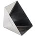 A stainless steel triangle shaped object.