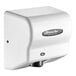 An American Dryer white hand dryer with a black label.