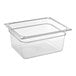 A Carlisle clear plastic food pan with a lid on a counter.