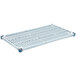 A white plastic MetroMax Q shelf with a blue grate.