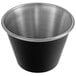 A matte black stainless steel round sauce cup with a silver lid.