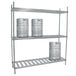 An Advance Tabco metal keg rack with three kegs on it.