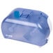 A blue and white San Jamar Versatwin double roll toilet tissue dispenser.