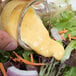 A hand pouring Ken's Dijon Honey Mustard Dressing onto a vegetable salad.