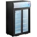 An Avantco black countertop display refrigerator with glass sliding doors.