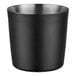 A black cup with a silver rim.
