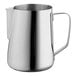 A Choice polished stainless steel frothing pitcher with a handle.