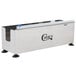 A stainless steel rectangular box with a metal cutter on black legs.