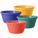 Four different colored smooth melamine ramekins in yellow, blue, green, and red.