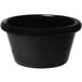 A close up of a black smooth melamine ramekin with a rim.