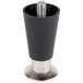 A black and silver metal object with a bolt on the bottom.