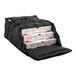 A black CaterGator insulated pizza delivery bag with three white pizza boxes inside.