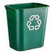 A green Rubbermaid recycling wastebasket with a white recycling symbol.