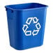 A blue Rubbermaid recycling wastebasket with a white recycling symbol.