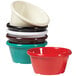 A stack of red GET melamine ramekins with a white interior.