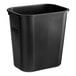 A black Rubbermaid rectangular plastic wastebasket with a lid.