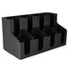 A black plastic Choice countertop cup and lid organizer with six compartments.