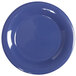 A close up of a GET Diamond Mardi Gras peacock blue melamine plate with a wide rim.