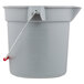 A gray Rubbermaid bucket with a red handle.