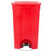 A red Lavex rectangular step-on trash can with a black pedal.