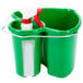 A green San Jamar Kleen-Pail bucket with a spray bottle and white bottle in it.