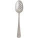 A close-up of a Mercer Culinary stainless steel perforated bowl plating spoon.