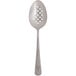A close-up of a Mercer Culinary stainless steel spoon with holes in the bowl.