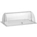 A clear plastic rectangular container with a clear roll top cover on a counter.