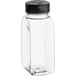 A clear plastic rectangular spice container with a black dual flapper lid.
