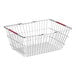 A rectangular chrome grocery shopping basket with red handles.
