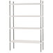 An Advance Tabco white metal shelving unit with four chrome posts and four shelves.