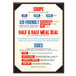 A customizable Menu Solutions hardboard menu board with picture corners on a white background with red text.