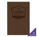 A brown rectangular customizable menu board with a logo on it.