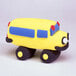 A yellow and blue toy school bus with wheels.