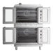 A Cooking Performance Group double deck commercial convection oven with doors and racks inside.