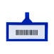 A blue rectangular plastic label holder with a white background and a bar code.