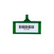 A green tag with a white barcode holder.