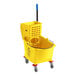 A yellow Lavex mop bucket with a blue side press wringer.