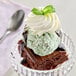 A dessert featuring a brownie topped with mint chocolate chip ice cream, whipped cream, chocolate sauce, and a mint leaf, served in a glass dish.