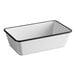 A white rectangular melamine serving bowl with black trim.