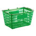 A green plastic grocery market shopping basket with metal handles.