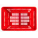 A red plastic shopping basket with white lines.