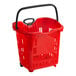 A red plastic grocery market shopping basket with wheels and a black handle.