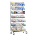 A Metro qwikSIGHT metal rack with seven basket levels holding various containers.