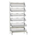 A white metal rack with six mesh baskets.