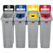 A white rectangular Rubbermaid recycling station with 4 different colored lids and labels.