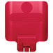 A close up of a red Rubbermaid Slim Jim recycling billboard with a hole in the middle.
