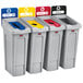 A white Rubbermaid Slim Jim recycling bin with a red recycle sign.
