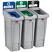 A white Rubbermaid Slim Jim recycling bin with green, blue, and red labels.