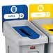 A blue Rubbermaid Slim Jim recycling bin with a yellow billboard on it.